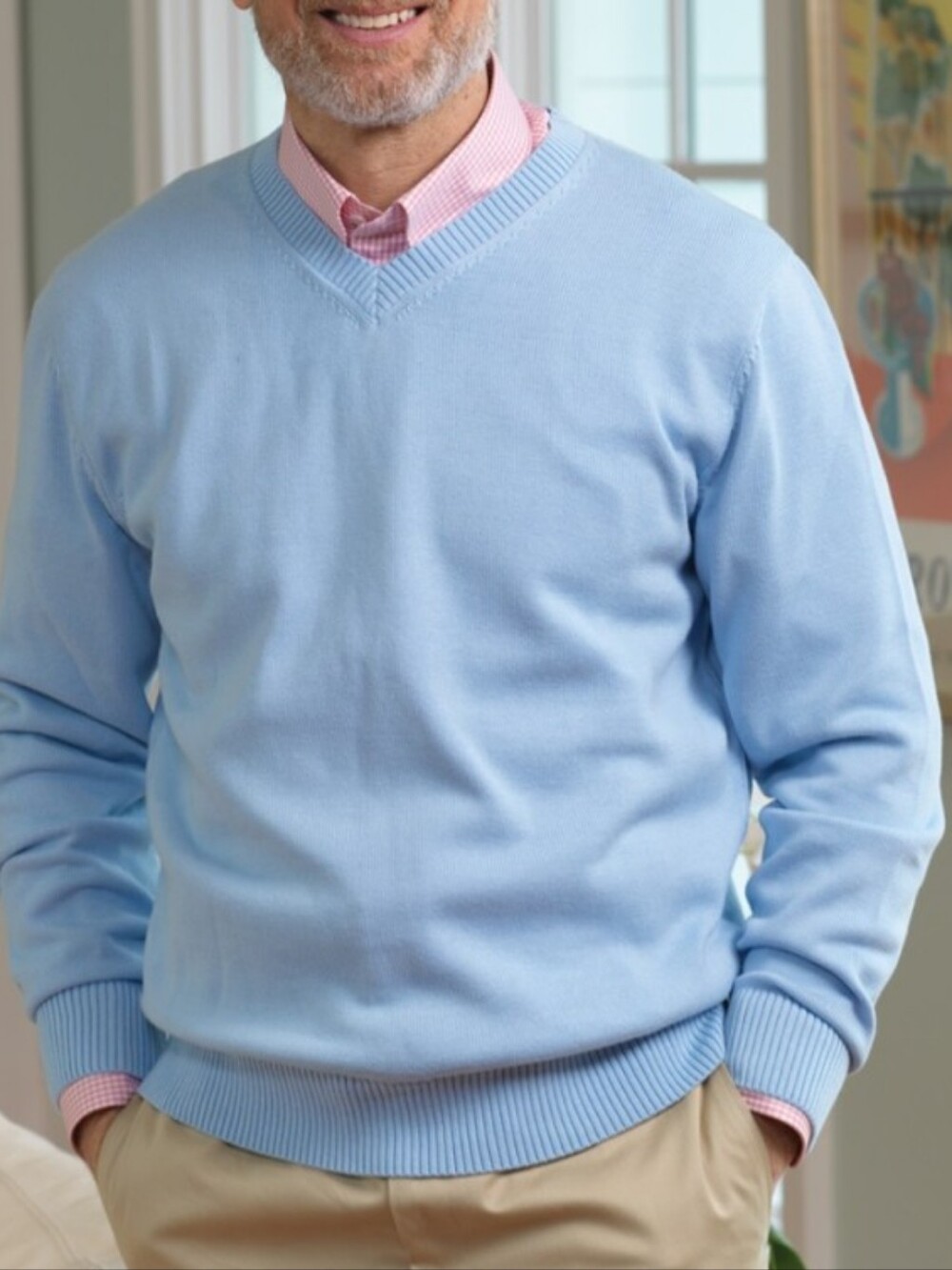 exc BEN SILVER heathered blue pima cotton V-neck sweater XL